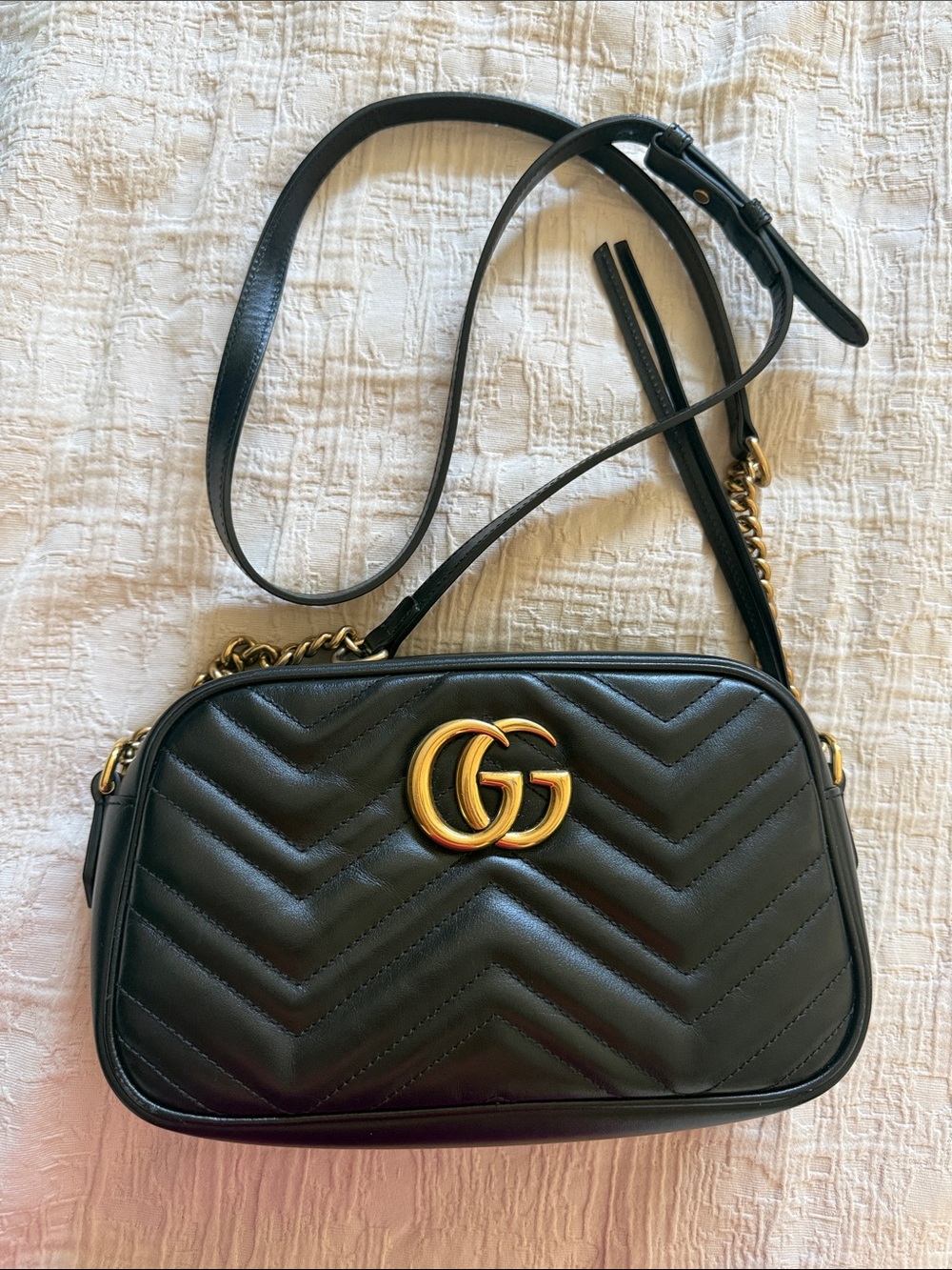 Gucci Black Leather GG Marmont Crossbody with Gold Hardware